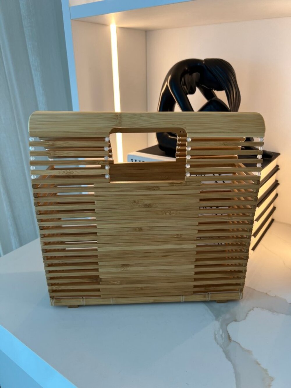 Bamboo Cage Tote Bag Wooden Slat Bead Accent Top Handle